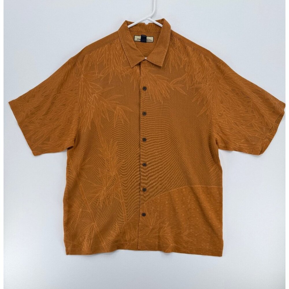 Tommy Bahama Silk Hawaiian Shirt Mens L Orange Floral AOP Camp Relax Dad